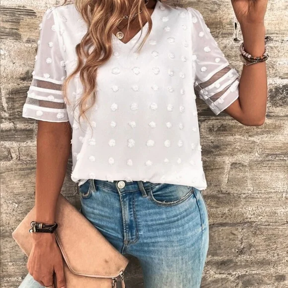 Swiss Dot Vneck Short Sleeve Blouse in White - Picture 4 of 7